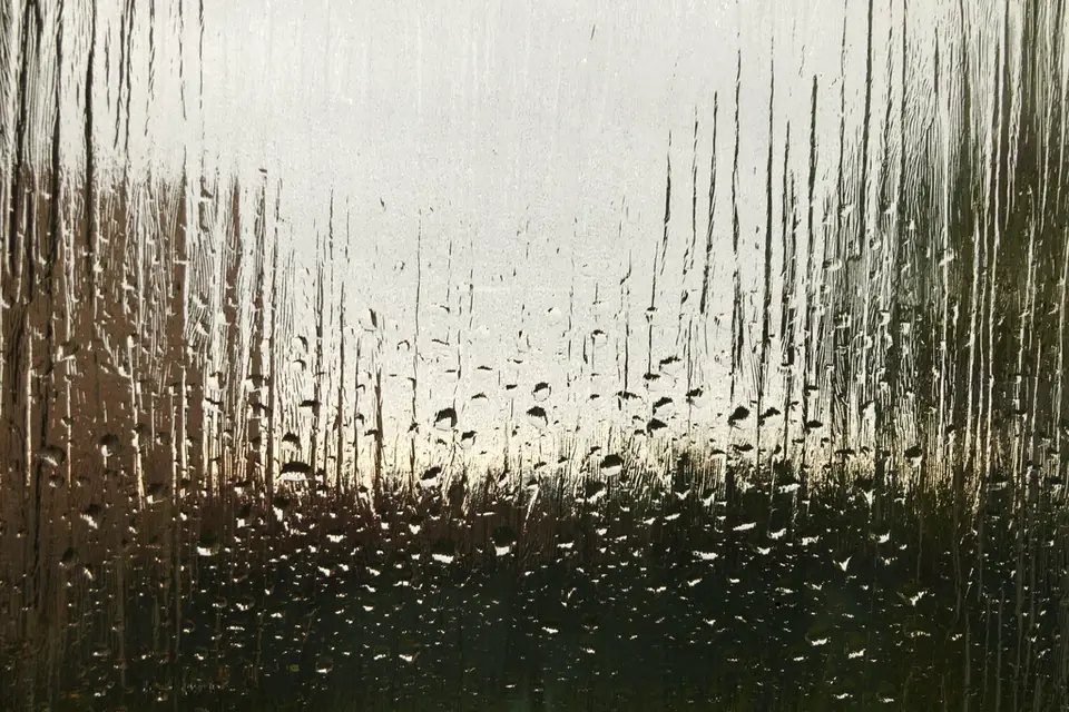 Condensation droplets running down the inside of a window pane