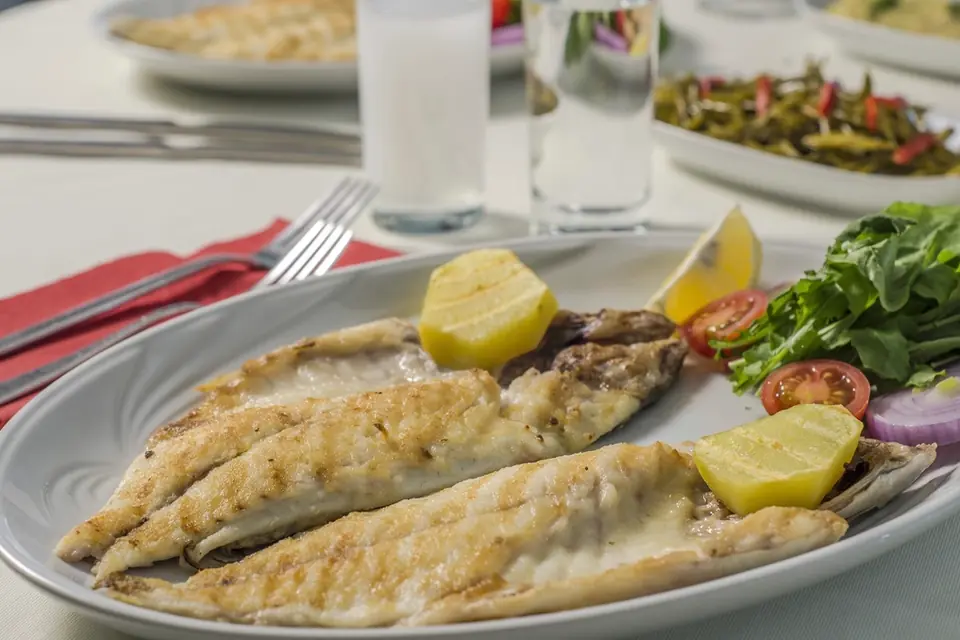 Grilled white fish fillets with lemon and salad on a plate